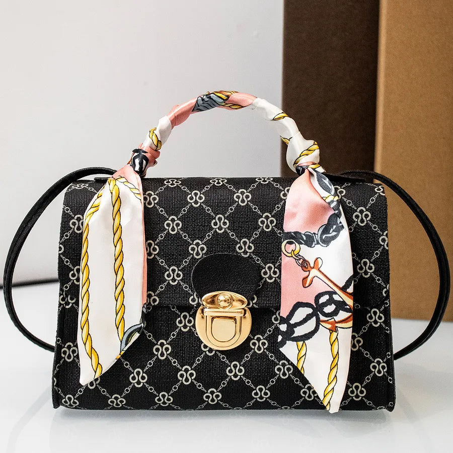 Women's PU Printing Solid Color Classic Style Streetwear Square Lock clasp Shoulder Bag Handbag Square Bag
