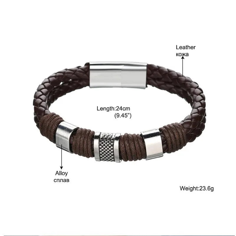 punk simple style solid color stainless steel pu leather plating magnetic silver plated men's wristband