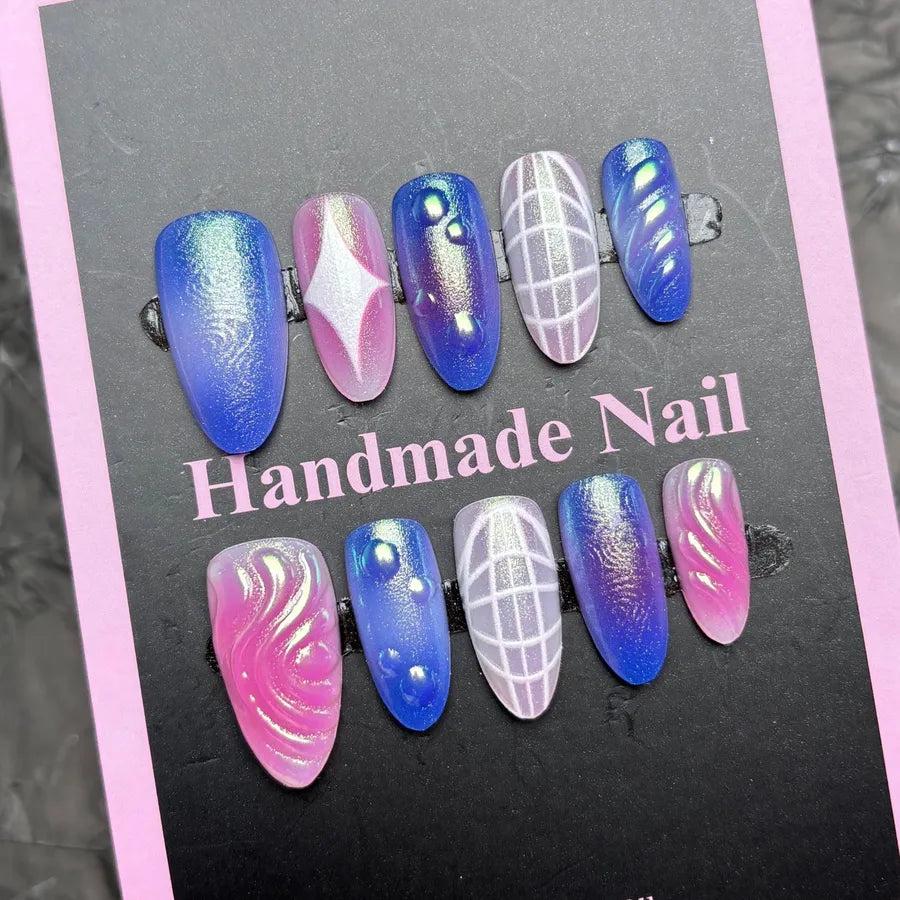 Handmade Almond Nail Press-Ons 3D Floral Shell Design Gradient White Effect European Style Nail Art False Nails Set