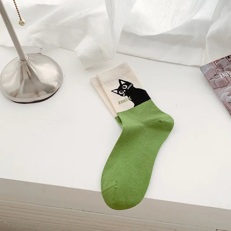 A Pair Cute Sweet Women's Letter Cat Cotton Crew Socks