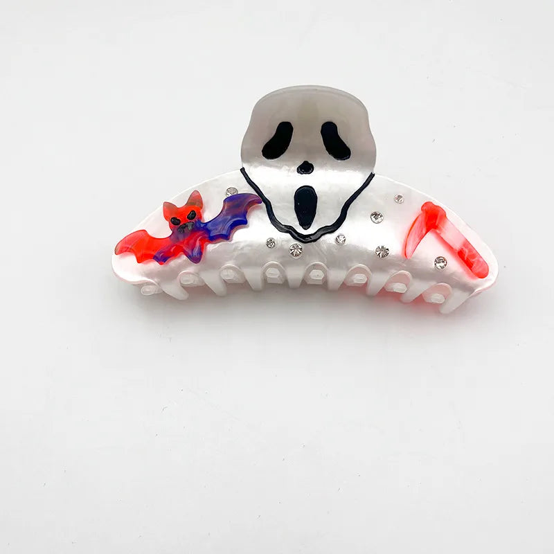 Acetate Skeleton Shark Clip Halloween Half Updo Hair Accessory Women's Dark Style Pumpkin Skull Headwear Bat Skeleton Grab Clip