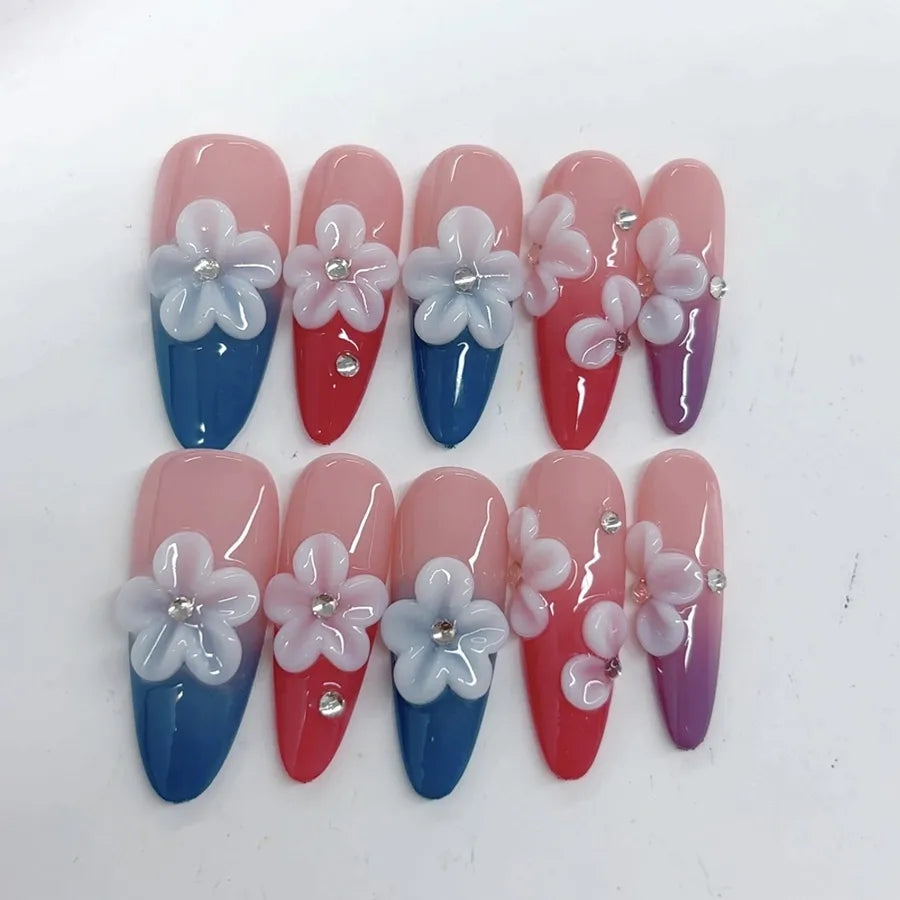 Long Almond Shaped Nail Tips With 3D Floral Carving And Gradient Painting  Style Press On Nails Luxury Trend