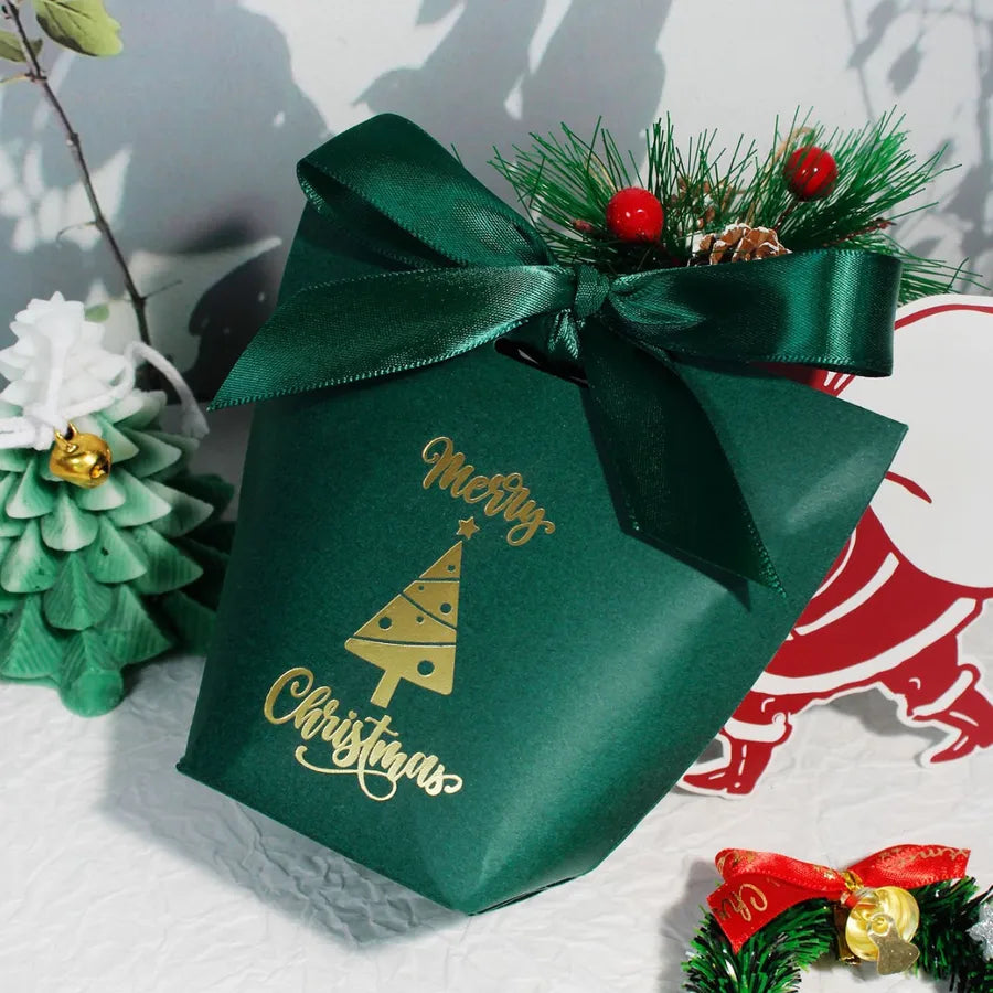 Christmas Theme Candy Box Gold Stamping Christmas Tree Decoration Gift Box For Christmas Party White Card Paper Festive