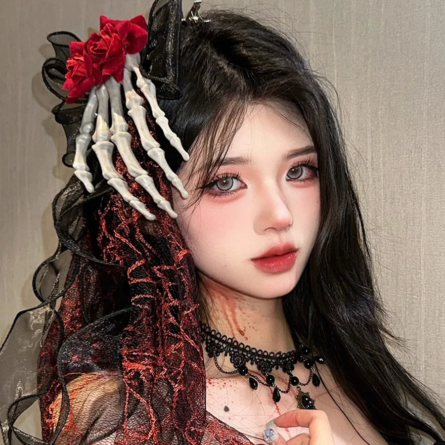 Gothic Dark Women's Rose Ghost Claw Fabric Hair Clip