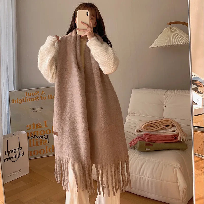 women's sweet color block polyester tassel scarf