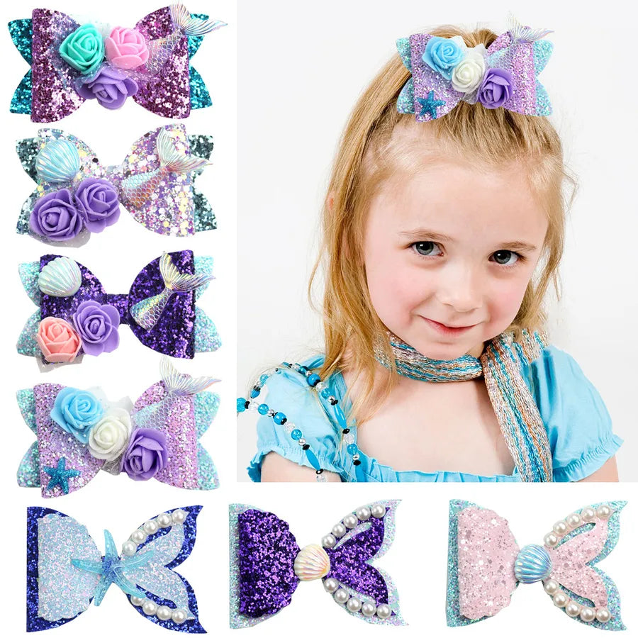 Amazon's Hottest Mermaid Princess Glitter Bow Shell Pearl Children's Girl Cute Hairpin