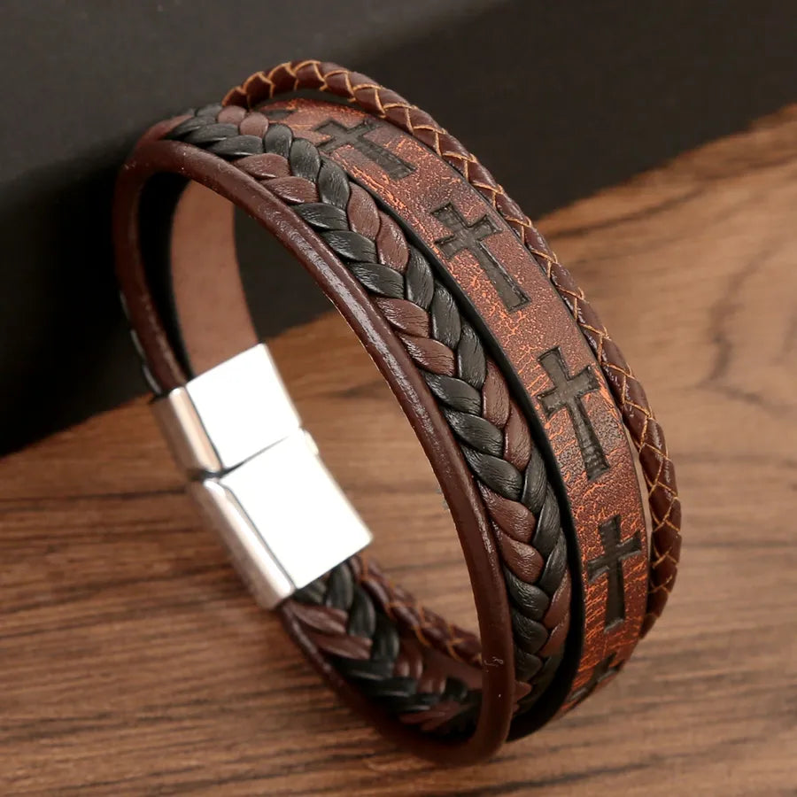 streetwear cross color block pu leather alloy men's bangle