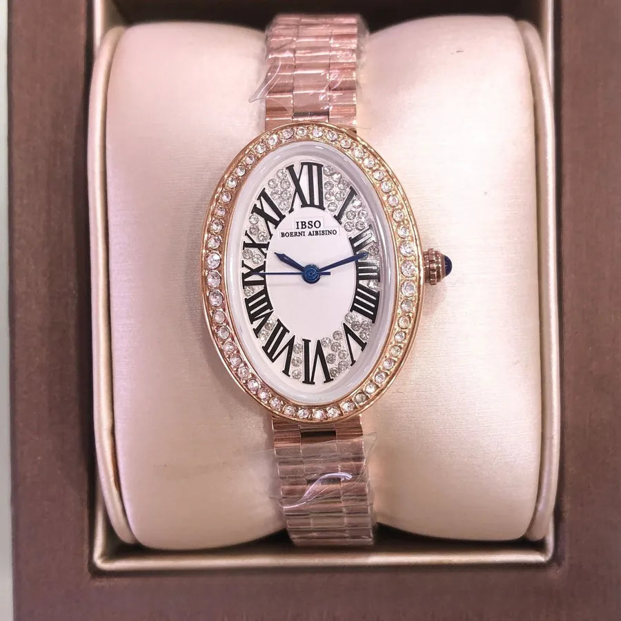 Elegant Oval Roman Numeral IBSO Ladies Watch Luxury Stainless Steel Band Quartz Movement Fashionable Women's Timepiece
