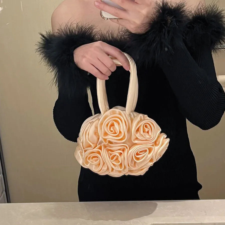Women's Small Silk Flower Elegant Streetwear Round Zipper Evening Bag