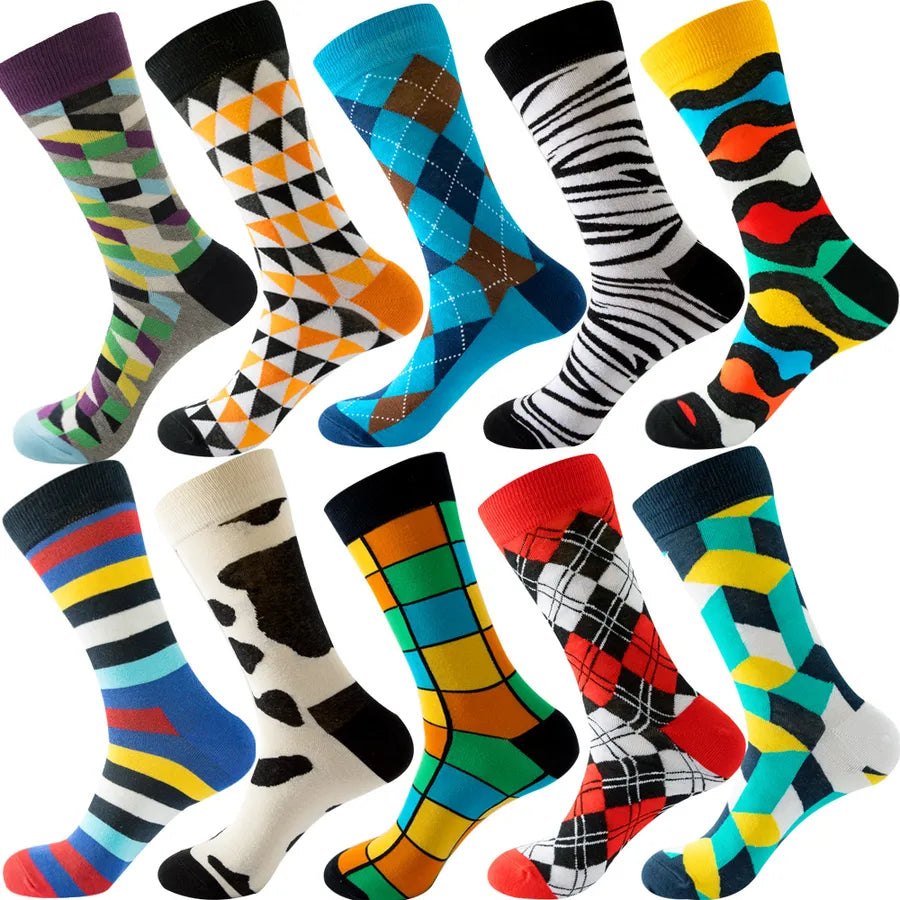 Men's Modern Style Classic Style Color Block Stripe Fruit Cotton Crew Socks A Set of 10 Pairs