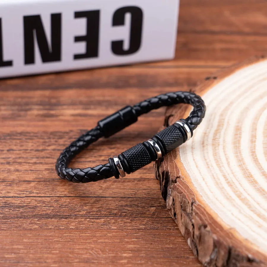 Casual Retro Simple Style Geometric Pu Leather Metal Men's wristband