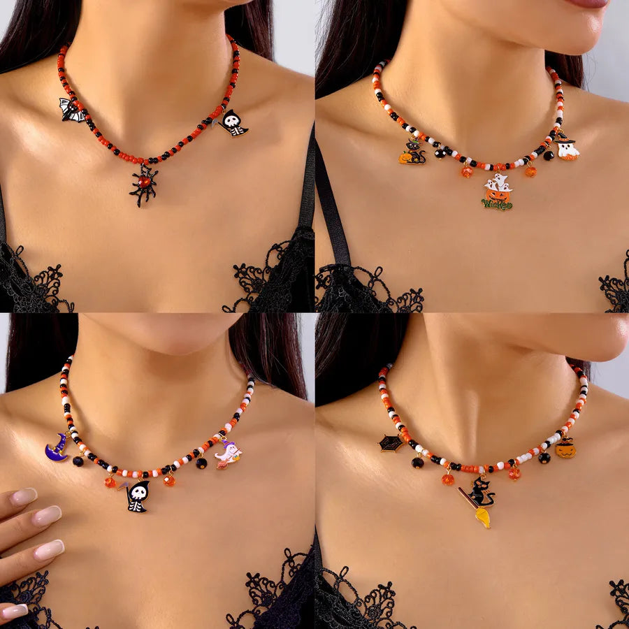 Handmade Halloween Necklace Ghost Spider Pendant Color Matched Pumpkin Design Luxury Style Women's Jewelry Accessory