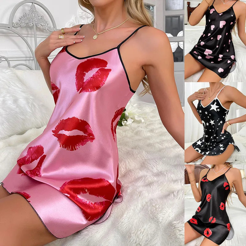 Home Sexy Lips Heart Shape Imitated Silk Polyester Pajama Sets