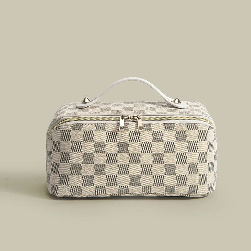 classic style plaid pu leather polyester square makeup bags