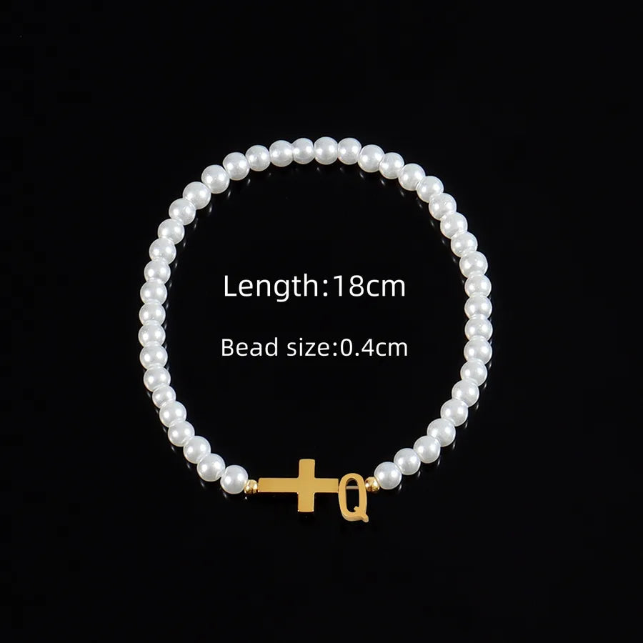 Classic Style Cross Letter 304 Stainless Steel Artificial Pearl Beaded Chain Beaded Bracelets Wholesale