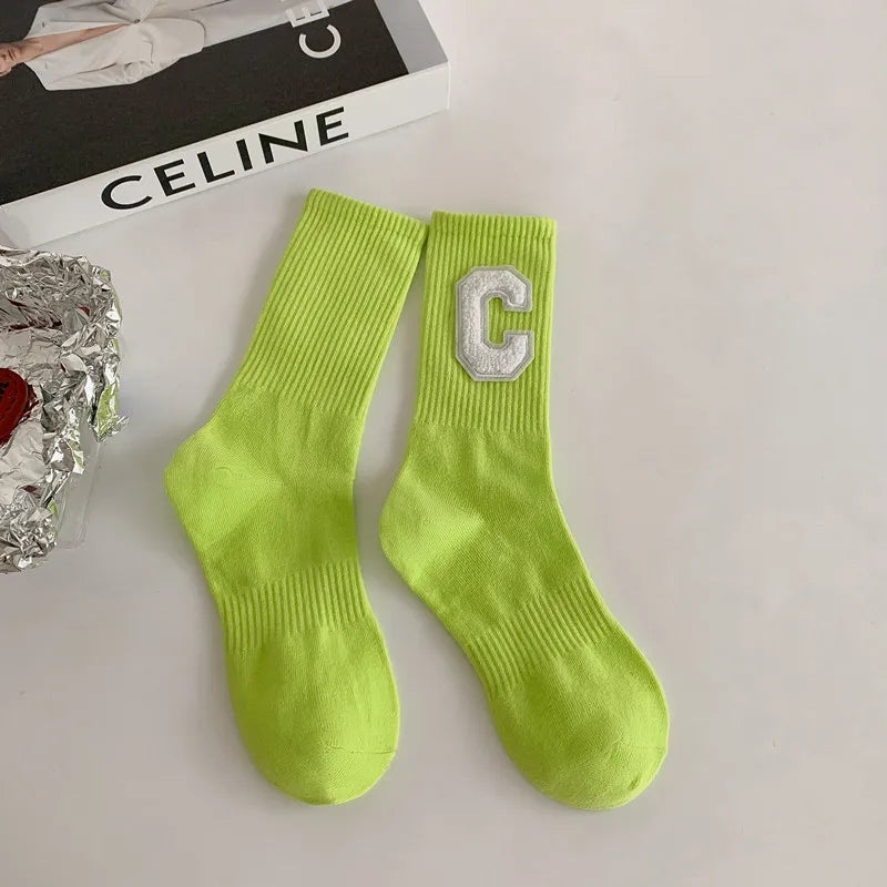 women's casual letter solid color cotton crew socks a pair