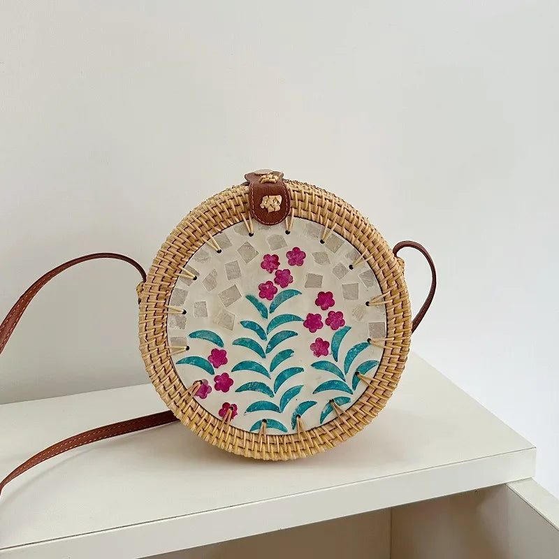 Women's Medium Rattan Floral Elegant Magnetic Buckle Dome Bag