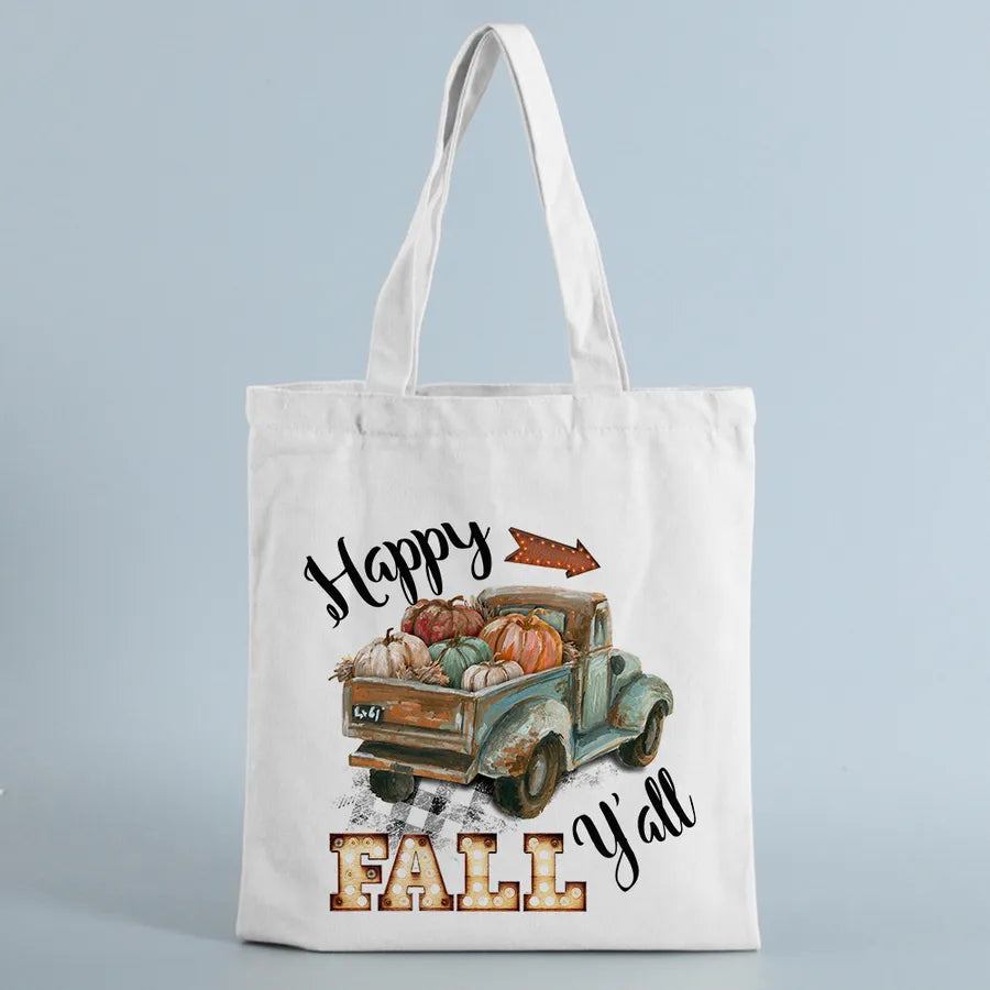 Halloween Women's Canvas Pumpkin Letter Cute Square Open Canvas Bag