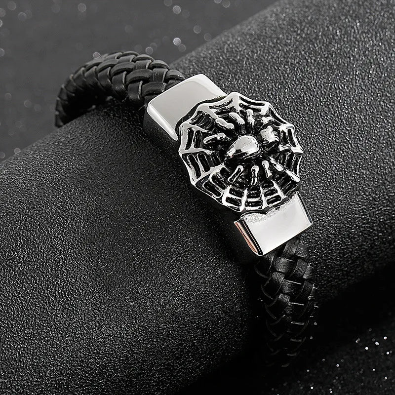 hip-hop retro color block pu leather titanium steel braid men's bangle
