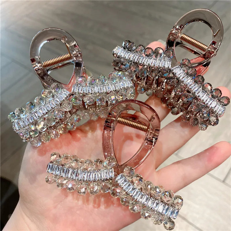 Elegant Vintage Heavy Work Crystal Full Drill Hair Clip Medium Shark Clamp Secure Updo Hair Accessories Trendy Sweet Headwear