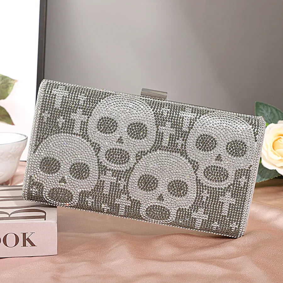 Elegant Diamond Embedded Handheld Evening Bag For Halloween Party Skeleton Evening Dress Bag Creative Fashionable Square Bag