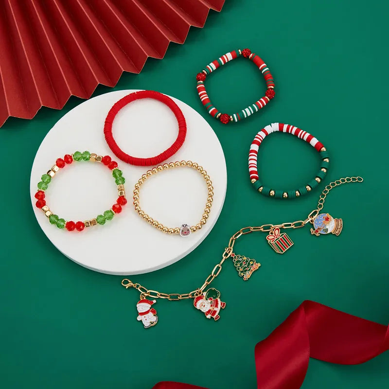Christmas Theme Bracelet Set Cute Santa Claus Reindeer Metal Chain Crystal Mixed Children's Fun Jewelry Christmas Tree Design