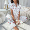 Style Women's Pajamas Autumn and Winter Sexy V-neck Lace Cherry Printed T-shirt Slim-fit Trousers Home Clothes