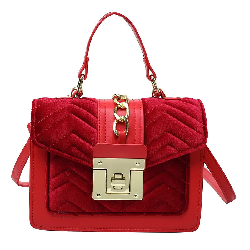 Women's Small velvet Solid Color Elegant Square Lock clasp Square Bag