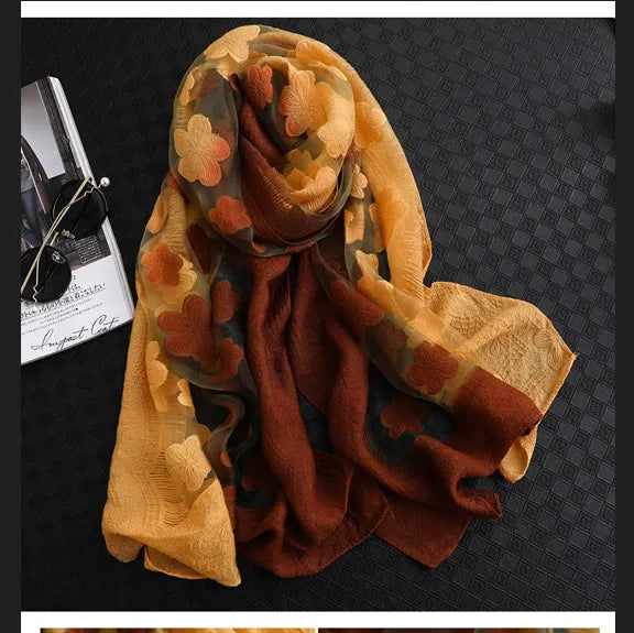 Women's Elegant Flower Polyester Silk Scarf