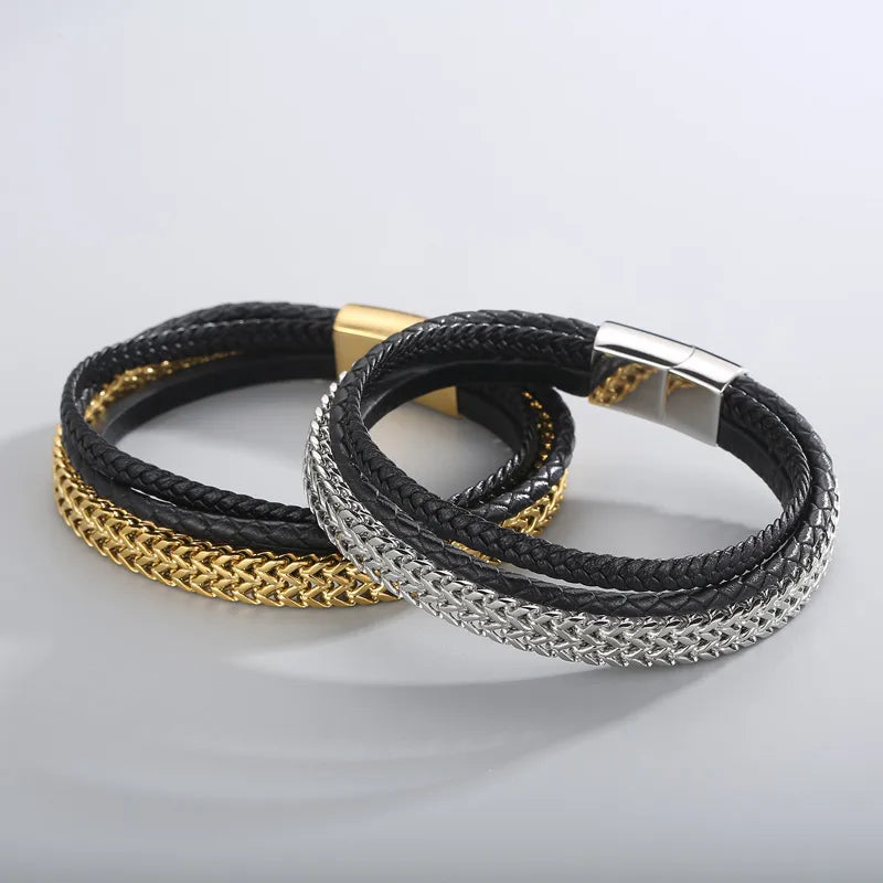 hip-hop geometric stainless steel leather braid bangle