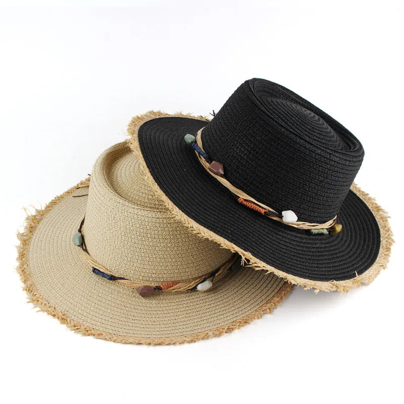 women's simple style color block wide eaves straw hat