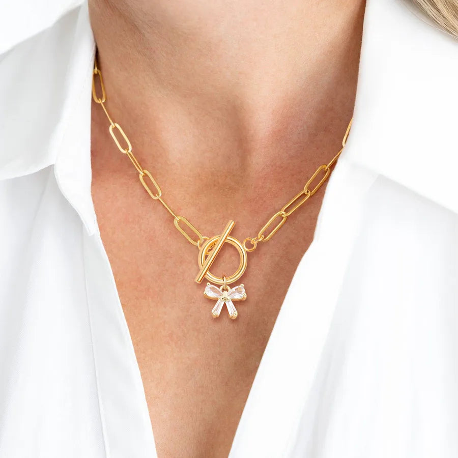 Wholesale Jewelry Elegant Simple Style Classic Style Bow Knot 201 Stainless Steel Copper Artificial Crystal Toggle Pendant Necklace