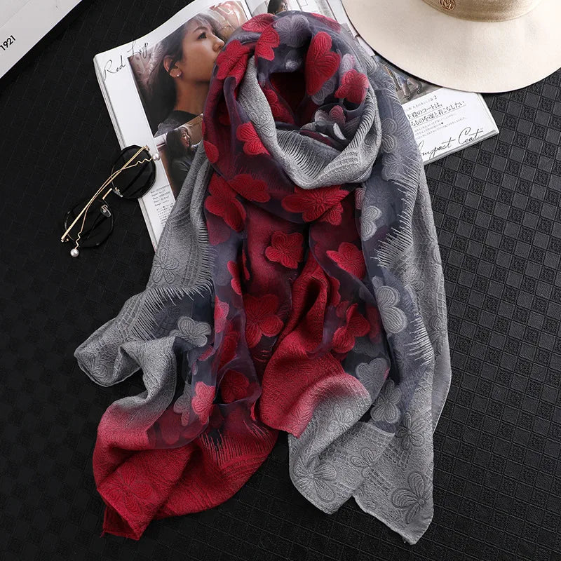 Women's Elegant Flower Polyester Silk Scarf