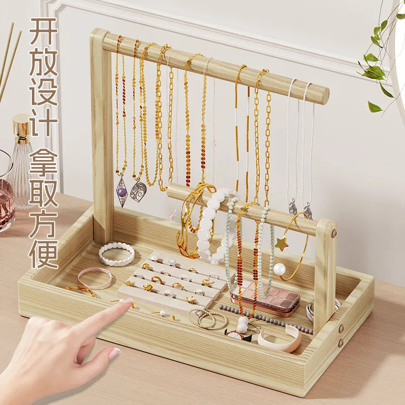 Solid Wood Jewelry Display Stand Bracelet Necklace Watch Holder Storage Box Buddha Beads Desktop Organizer Simple Style