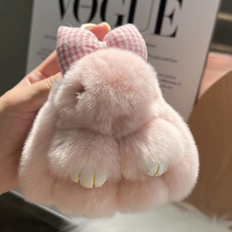 Cute real Rex rabbit fur bow rabbit car key chain pendant plush doll schoolbag bag hanging ornaments wholesale