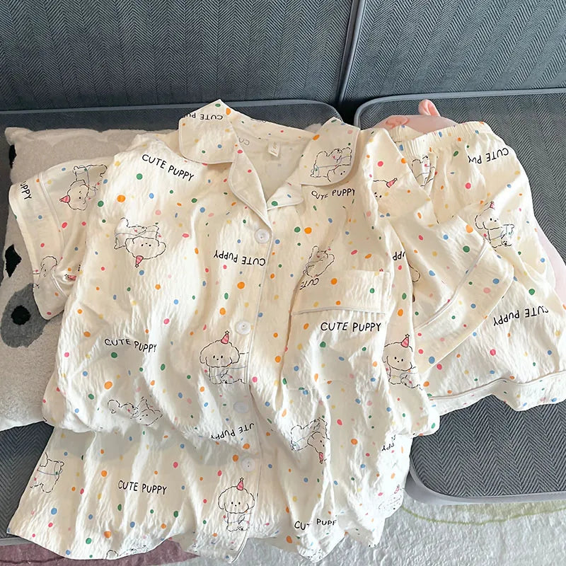 Pajamas Women's Summer Clouds Cotton  New Sweet Cute Cardigan Casual Short Sleeve Shorts Home Clothes suit