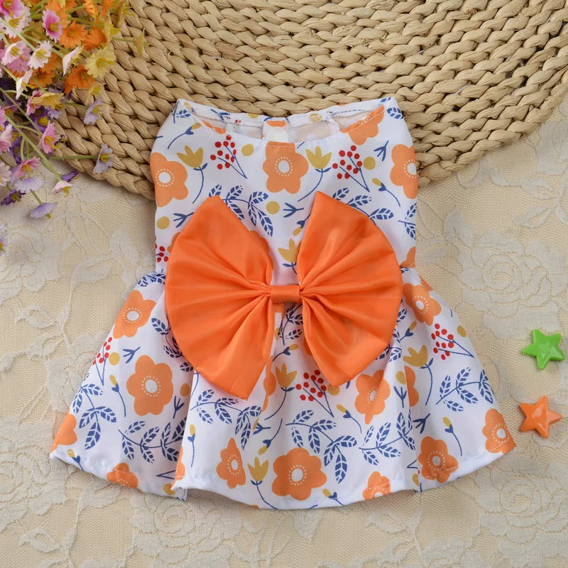 Princess Polyester Flower Bow Knot Printing Pet Clothing
