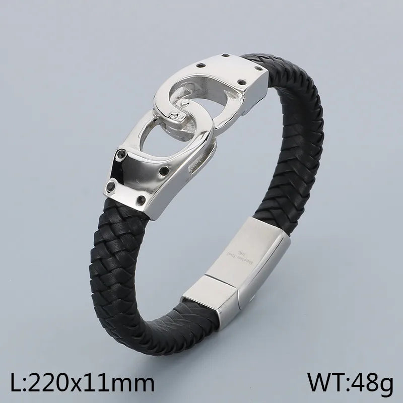 Business Color Block 304 Stainless Steel Leather Plating 18K Gold Plated Men's Bangle