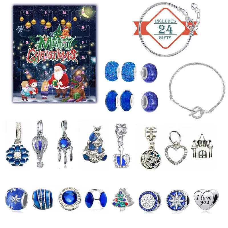 Christmas Countdown 24 Days Blind Box DIY Children's Bracelet Necklace Set Gift Alloy Material Cartoon Style Christmas Socks Bell Pattern