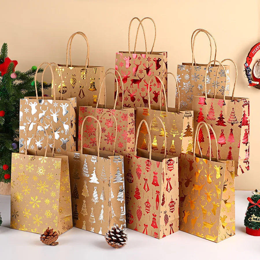 Christmas Snowflake Handbag Christmas Tree Deer Holiday Gift Bag Flat Bottom Party Kraft Paper Bag General Occasion Paper Bag