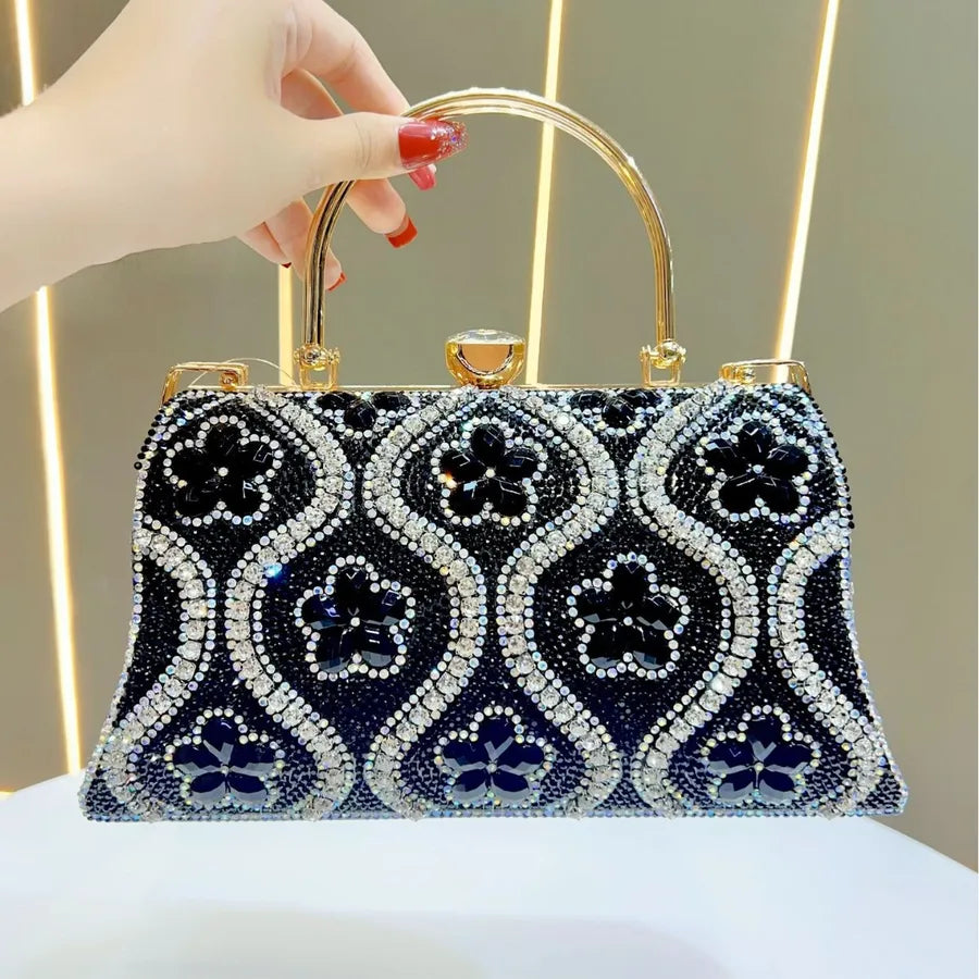 Princess Style Large Capacity Women's Handbag Evening Bag Square Shape Polyester Material Chain Lock Diamond Fashion Elements