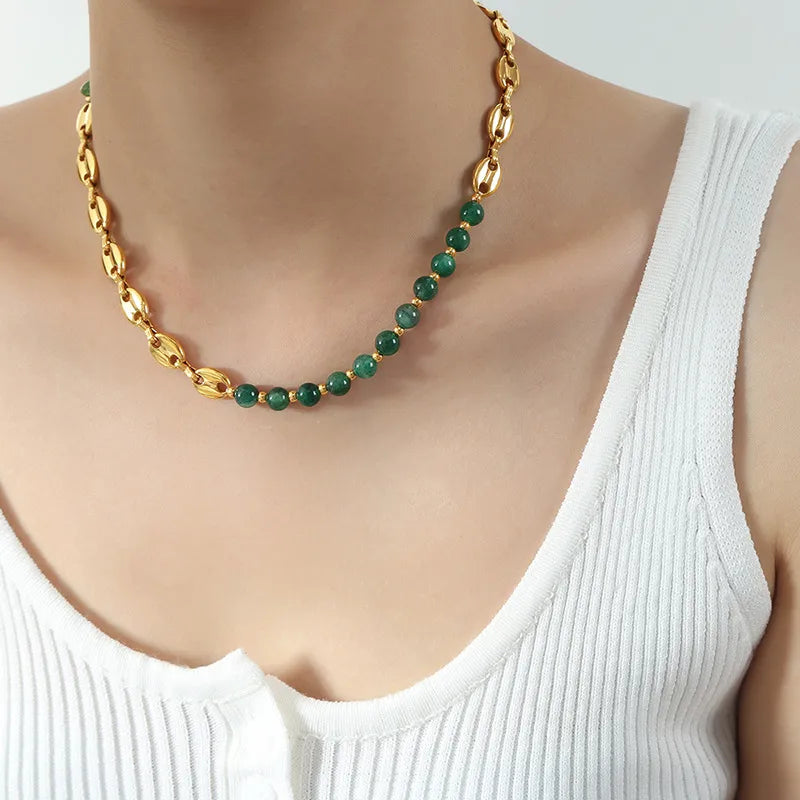 simple style geometric natural stone titanium steel plating necklace