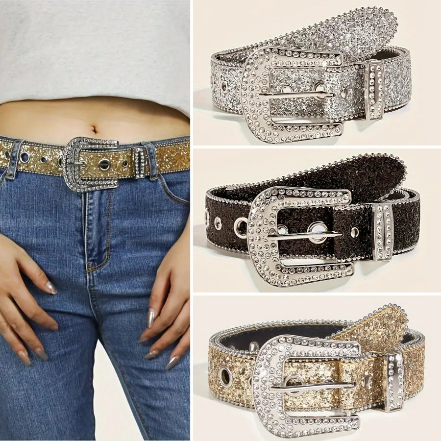 retro sweet solid color pu leather alloy diamond women's leather belts