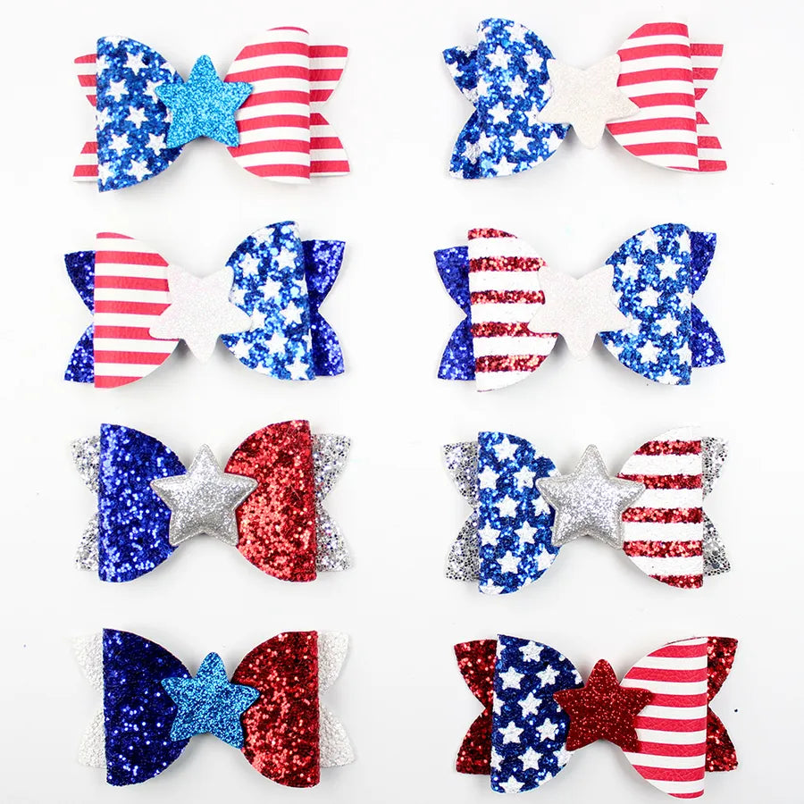 New July 4 US National Day Shining Stars Bow Pair Clip Independence Day Patriotic Girl Hair Accessories