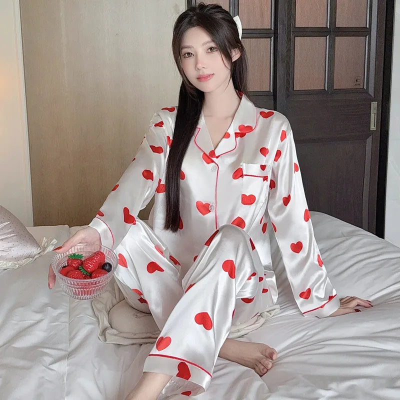 French Anti-Aging Sleepwear Women's Spring Autumn New Simple Polka Dot Long Sleeve Long Pants Ice Silk Home Clothes Fashion Set