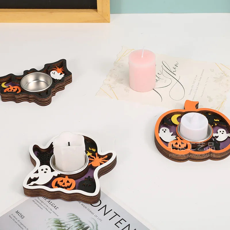 Halloween Wooden Candlestick Base Creative Decoration Thanksgiving Atmosphere Wooden Candlestick Holiday Dining-Table Decoration