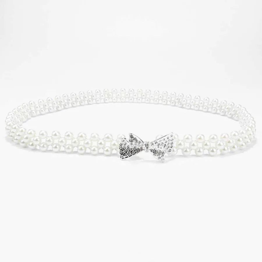 sweet oval flower bow knot imitation pearl metal inlay rhinestones women's chain belts