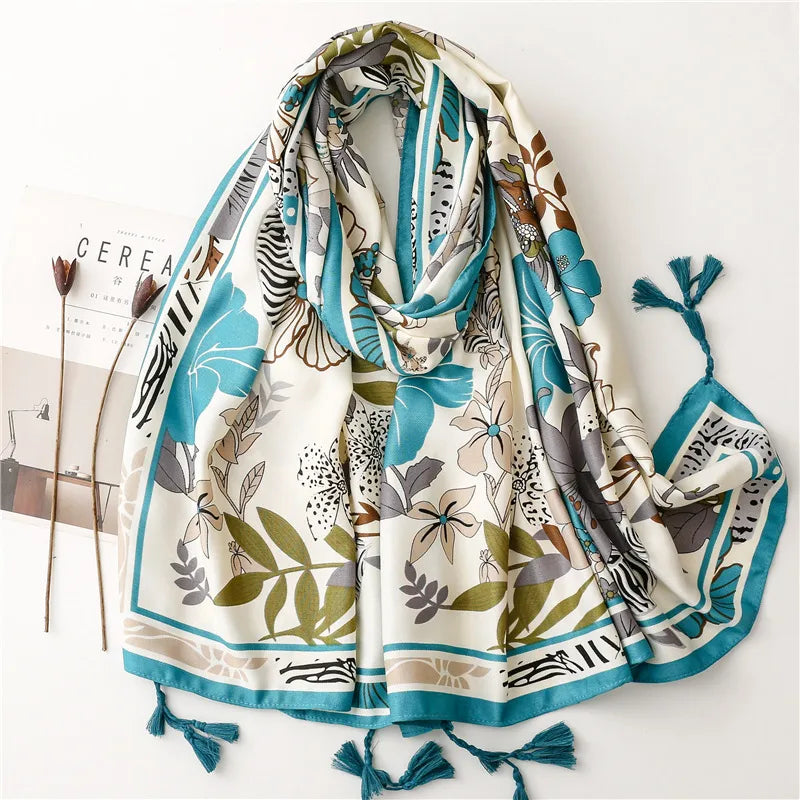 women's fashion leaf flower polyester silk scarves