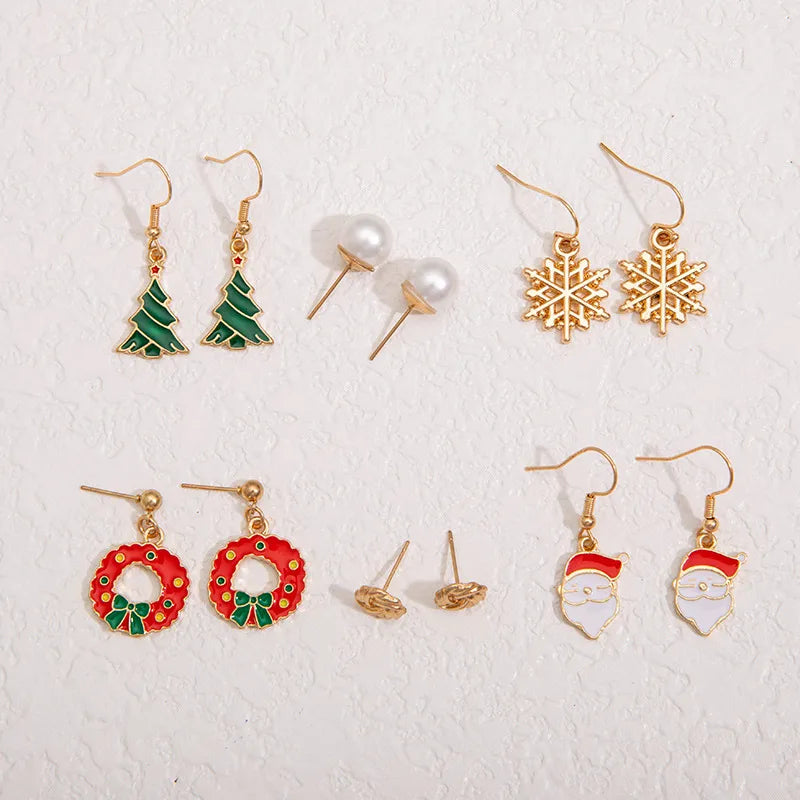 Christmas Themed Earring Set Alloy Snowflake Bow Tie Santa Claus Design Drip Oil Christmas Tree Stud Earrings For Women
