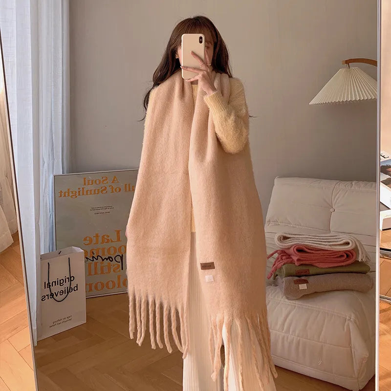 women's sweet color block polyester tassel scarf